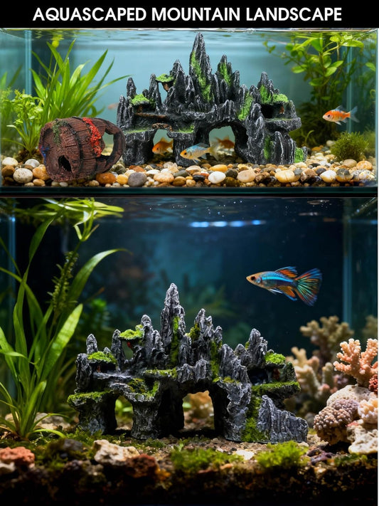 Large Fish Tank Decoration - Mountain View Aquarium Ornament Accessories with Tree House,Caves,Hideout,Hideaway,for 40 Gallon Fish Tank, Artificial Rock aquascaping Fish Tank Décor