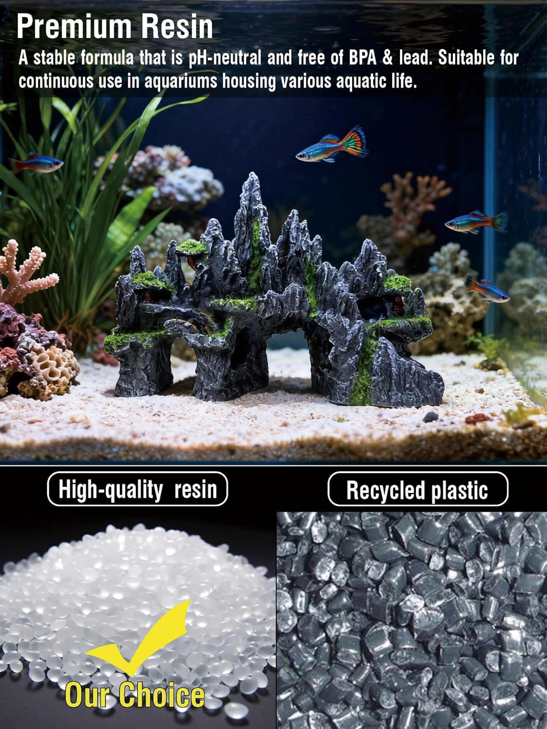 Large Fish Tank Decoration - Mountain View Aquarium Ornament Accessories with Tree House,Caves,Hideout,Hideaway,for 40 Gallon Fish Tank, Artificial Rock aquascaping Fish Tank Décor