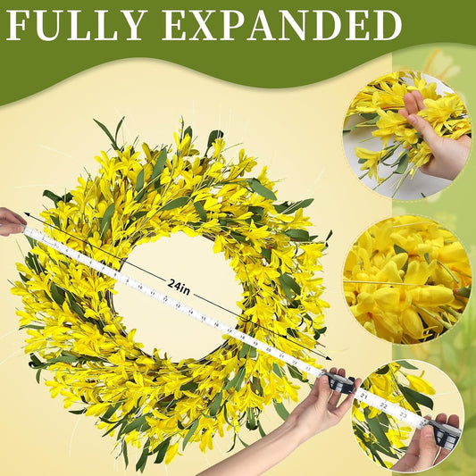 Yellow forsythia Door Wreath, 24 Inch Summer Wreaths for Front Door Outside, Hand Made Artificial Forsythia Flower Wreath for Front Door Window Wall Farmhouse Home Gift