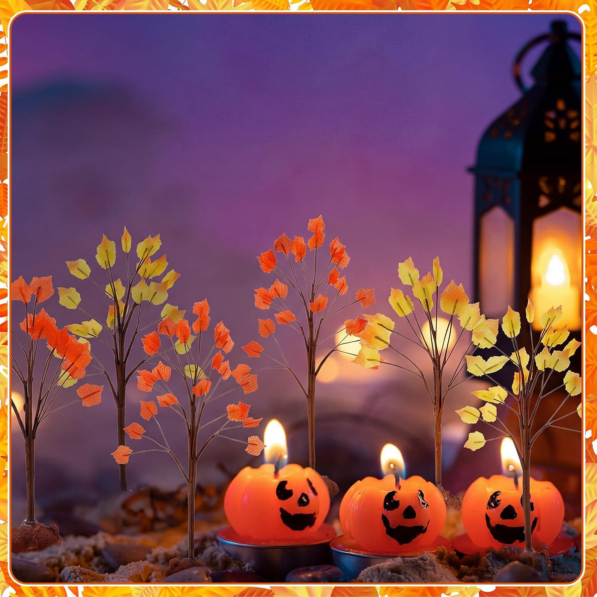 8 Pack Fall Village Maple Mini Trees Decor, Orange