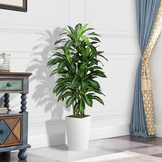Artificial Plant 5FT Dracaena Fake Tree with White Tall Planter