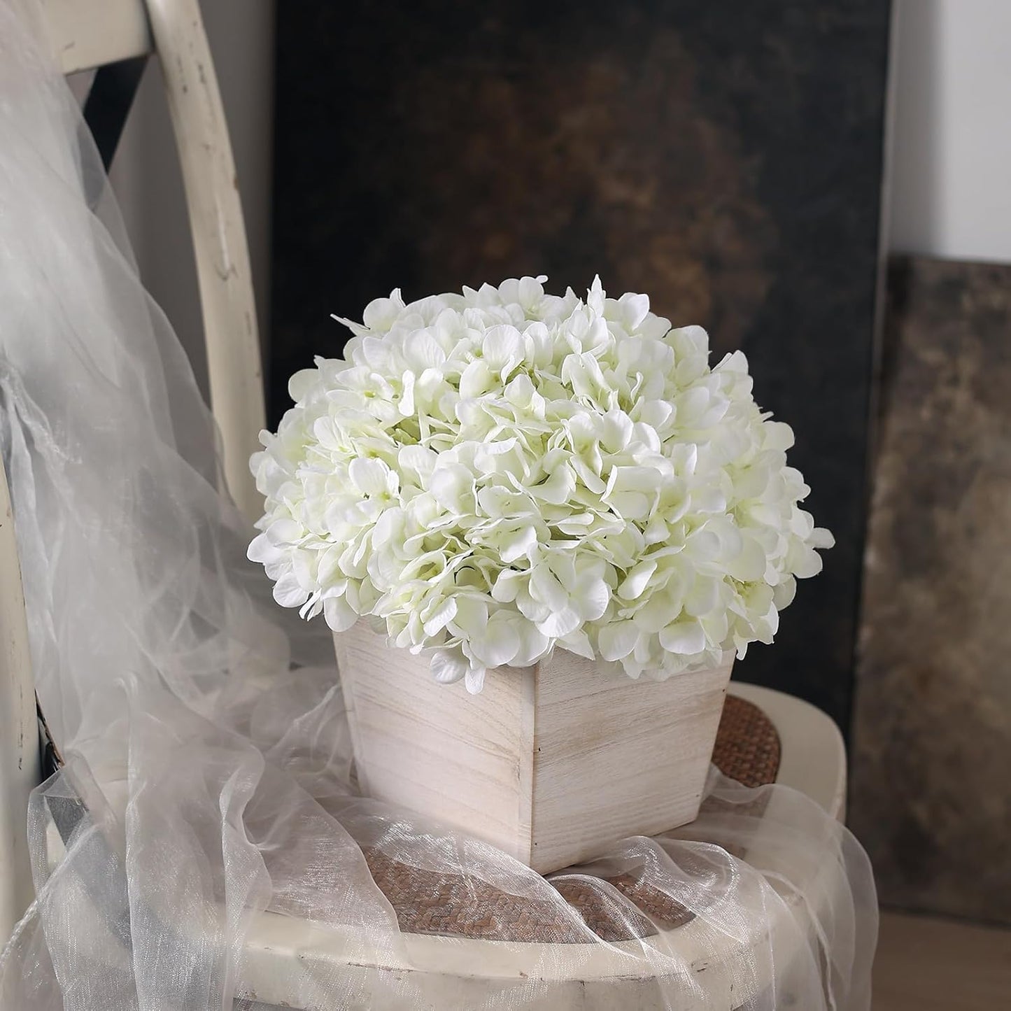 10" Artificial Hydrangea Flower in Planter for Table Centerpiece(White) | No Assembly Needed, Silk Faux Flowers in Wood Planter, Fake Hydrangea Potted Plant, for Farmhouse Home Office Shower Decor