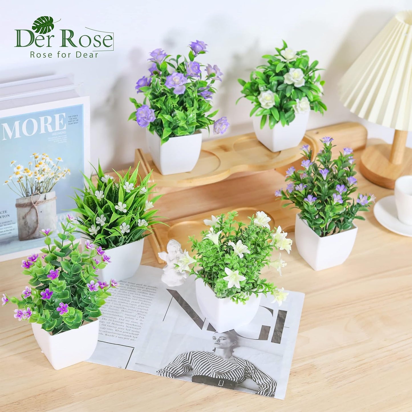4 Pack Small Fake Plants with Flowers, Spring Home Bathroom Decor | UV-resistant artificial flowers, varied spring flower styles, for desk shelf bathroom kitchen farmhouse and classroom decor