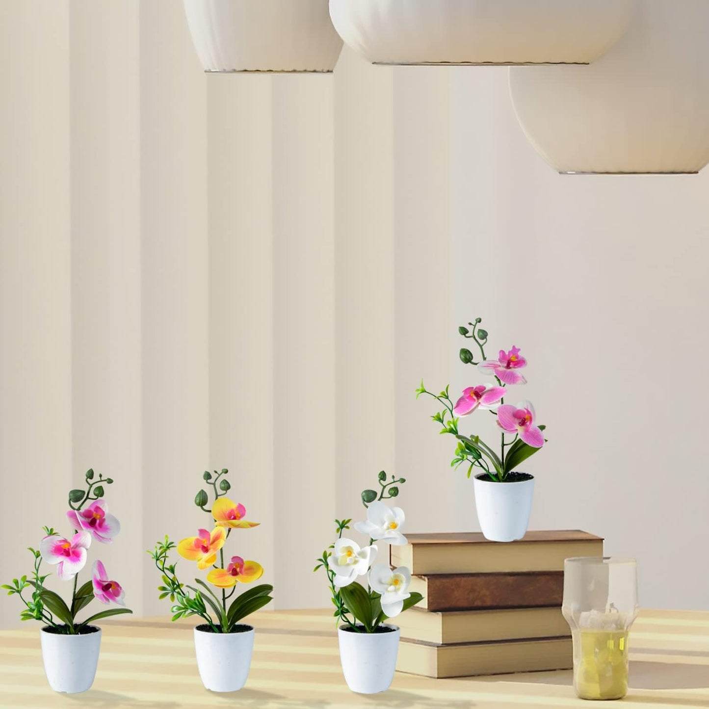 Artificial Orchid Flowers, 2 Pieces Potted Orchid Flowers with Plastic Vase for Table Centerpiece Home Decor Office Wedding Party Decoration