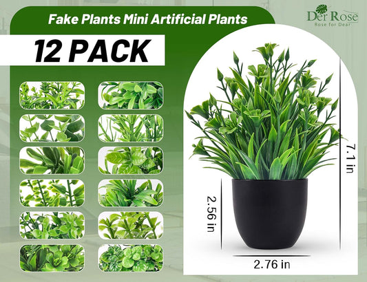 4 Pack Small Fake Plants in Black Pots, Bathroom Office Decor | No-watering artificial plants, gothic black pot style, for shelf desk office kitchen table and Halloween fall home decor