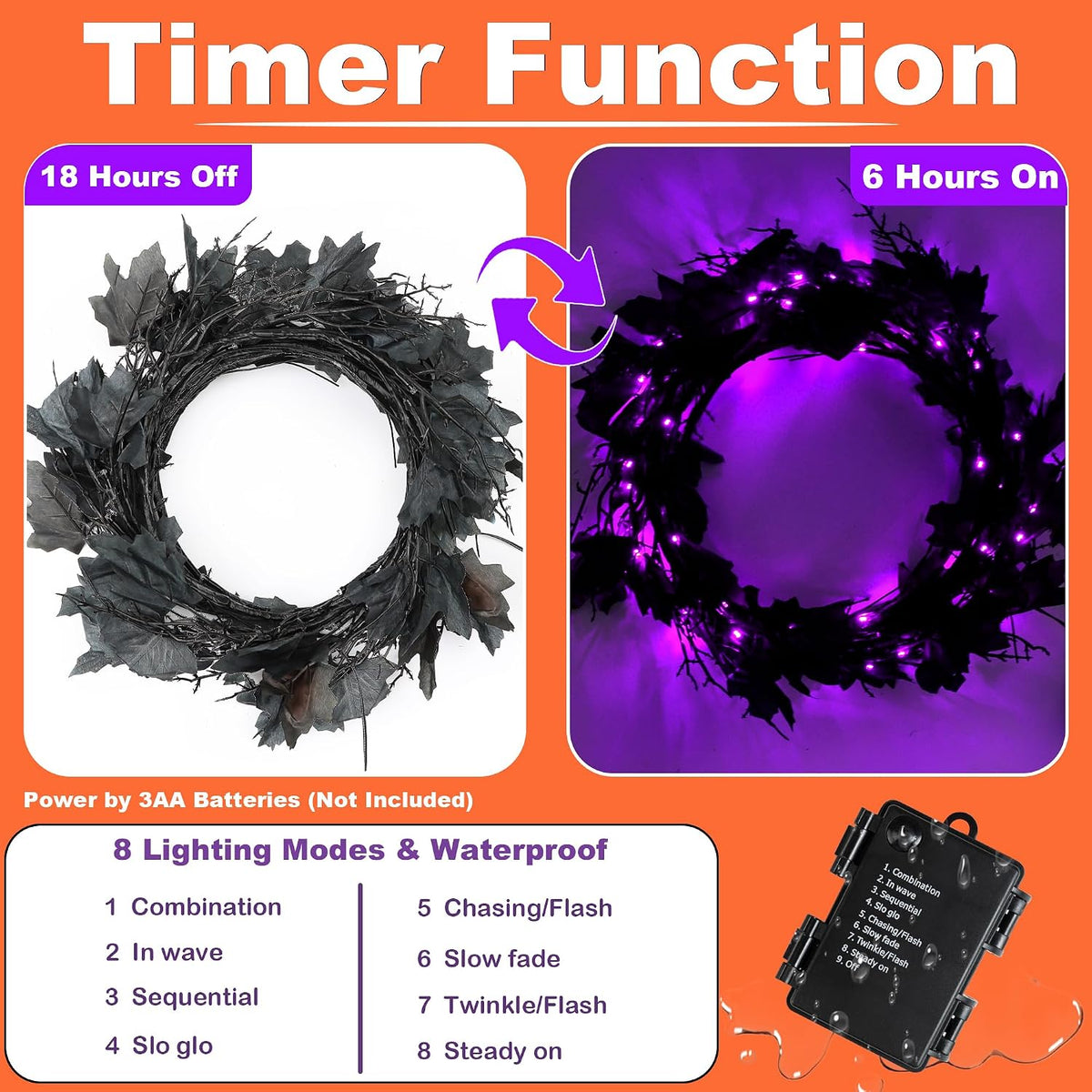 9 FT 72 LED Halloween Willow Vine Twig Decorations With Orange Lights - 8 Modes & Timer - Battery Operated Garland for Indoor Mantle Fireplace Home Decor