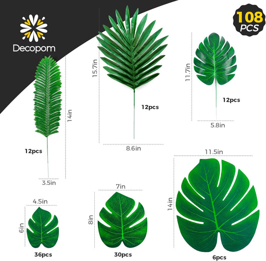 Palm Leaves Artificial Tropical Monstera - 6 Kinds Large Small Green Fake Palm Leaf with Stems for Safari Jungle Hawaiian Luau Party Table Decoration Wedding Birthday Theme Party Decorations