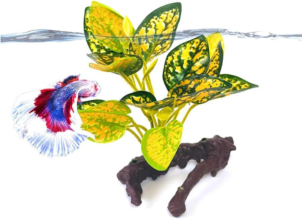 2PCS Reptile Artificial Plants, Terrarium Plants Decorations Supplies, Amphibian Habitat Hideout Tank Accessories(Green+ Yellow)