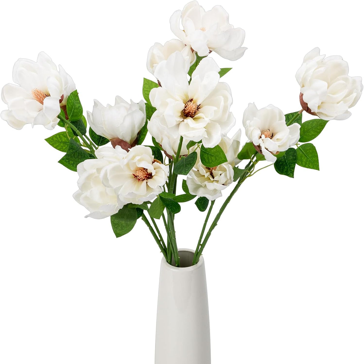 32.2inch Artificial Magnolia Flowers 3D Real Touch 6 Heads Faux Magnolia Flower Bouquets Realistic Long Stem with Green Leaves for Home Wedding Table Office Floral Arrangement Decoration (White)