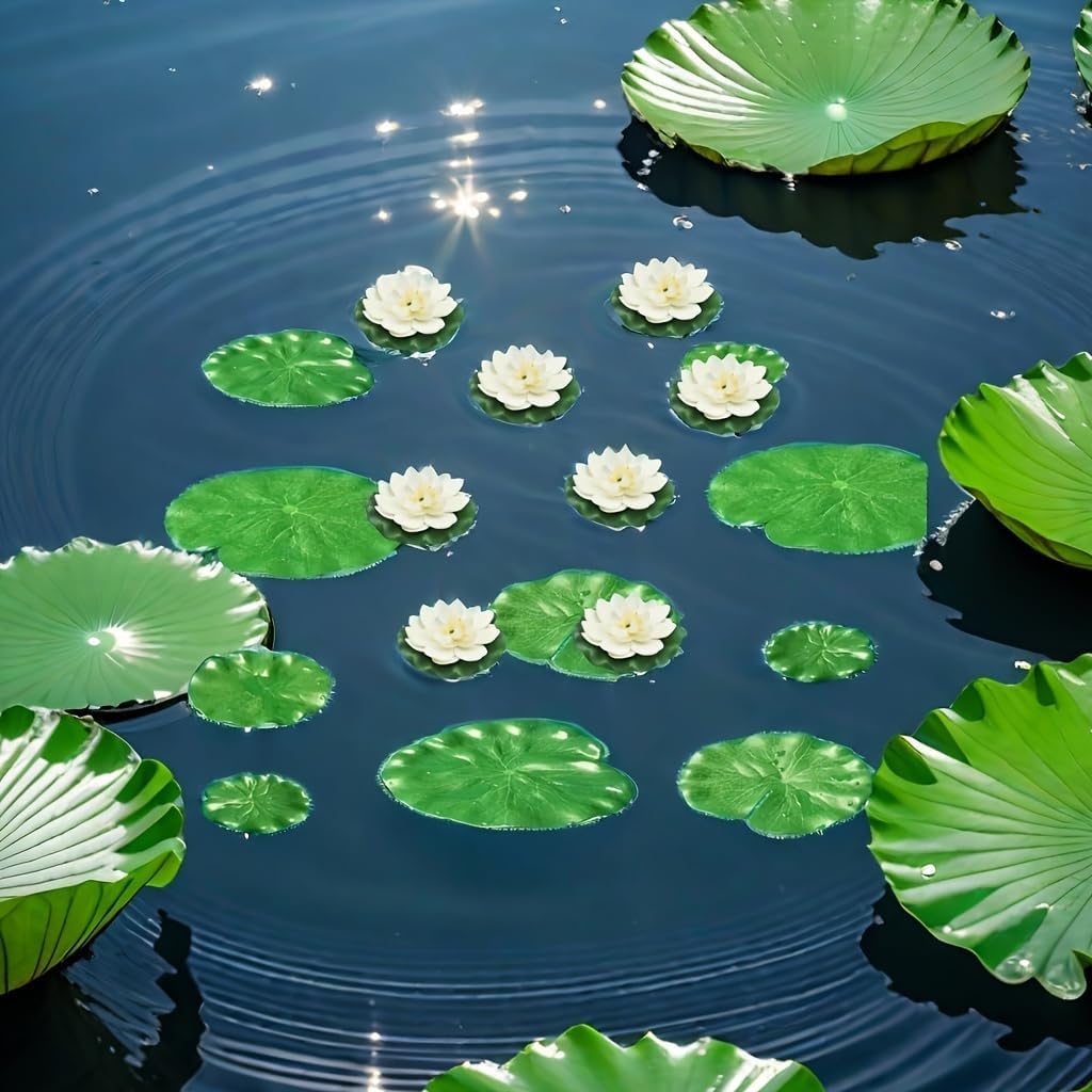 12pcs Floating Foam Lotus Flowers with Lily Pads, Artificial Pond Plants Ornaments for Pool Aquarium Water Decoration, White