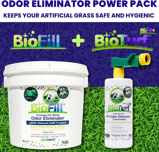 BioTurf Mini Power Pack Turf Cleaner for Pet Urine Outdoor - Artificial Turf Cleaner Concentrate - Yard Deodorizer for Dog Urine & Feces - Enzyme Kennel Odor Eliminator 32 oz Spray & 8 lb Infill