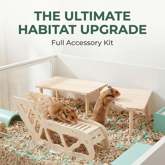 3-Piece Wooden Hamster Platform Set, Versatile Hideout & Exploration Tunnel with Ladder, Cage Decor for Syrian Dwarf Hamsters, Gerbils, Mice