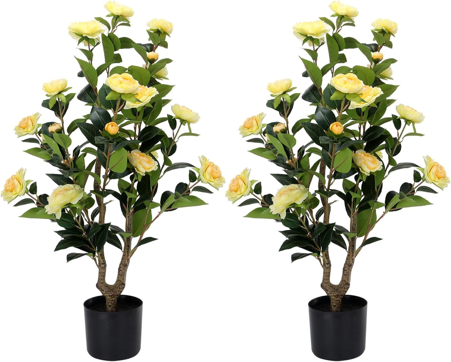 Artificial Camellia Tree 2 Pack - Realistic Camellia Plants in Pot with White Flowers, Lifelike Faux Greenery for Living Room, Patio, or Wedding, White