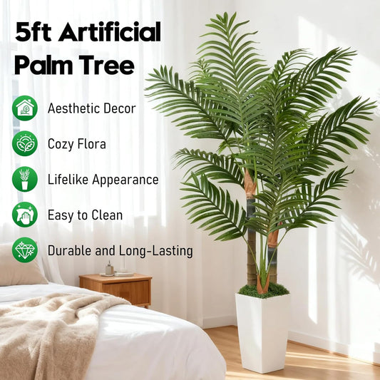5ft Artificial Palm Tree Indoor Plant,Triple Faux Tropical Areca Floor Plant in Pot,Artificial Plants with Lifelike Leaves for Home Office Decor