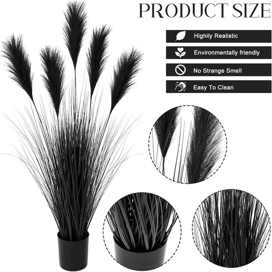 2 Pcs 4 ft Tall Artificial Grass Plant Fake Black Pampas Grass Artificial Horsetail Floor Plants Faux Feather Reed Potted for Housewarming Gift House Garden Bathroom Lobby Outdoor Decoration