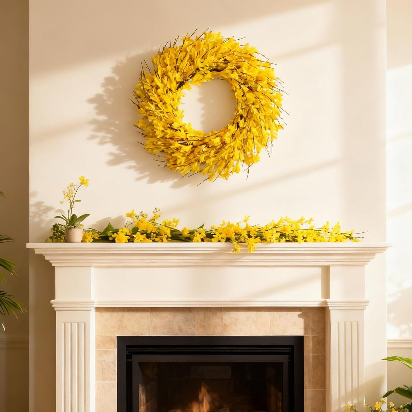 22inch Artificial Forsythia Flower Wreaths Spring Summer Fall Wreath Silk Leaves Wreath for Front Door Wreaths Porch Farmhouse Patio Garden Home Decor (Yellow)