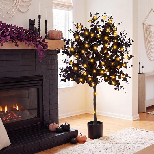 4ft Fall Eucalyptus Leaves Artificial Autumn Tree Ficus Fall Eucalyptus Stems Thanksgiving Decor Artificial Faux Tree Leaves Branches Decor for Porch Front Door Outdoor Indoor Decoration