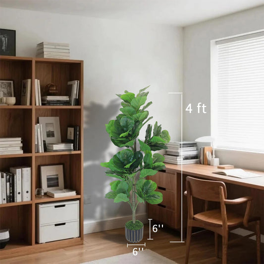 4FT Artificial Fiddle Leaf Fig Tree, Premium Fake Ficus Lyrata Plant in Decorative Black Planter for Indoor Home Office Decor, Housewarming Gift