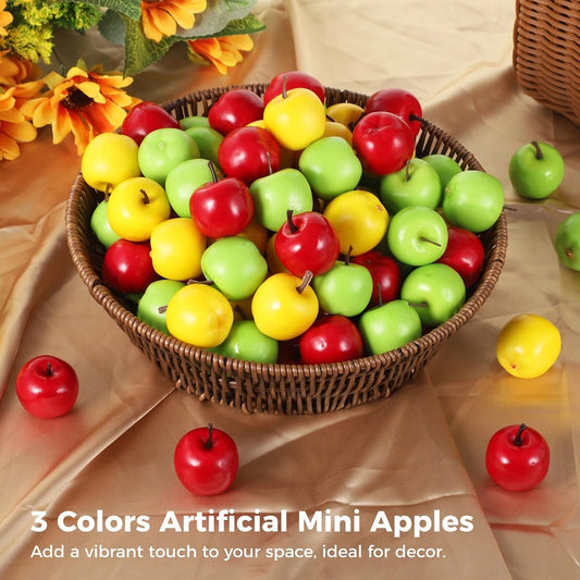 120 Pcs Mini Artificial Apples - 3 Colors Fake Apples with 1 Pcs Woven Basket, Realistic Faux Fruits, Lifelike Plastic Simulation Apples for Fall Harvest Home Decor, Fruit Photo Props