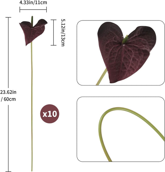 10pcs Burgundy Anthurium Artificial Flowers, 23.6" Burgundy Flowers Artificial Tropical Flowers Real Touch for DIY Wedding Bouquets Centerpieces Bridal Shower Party Home Decor