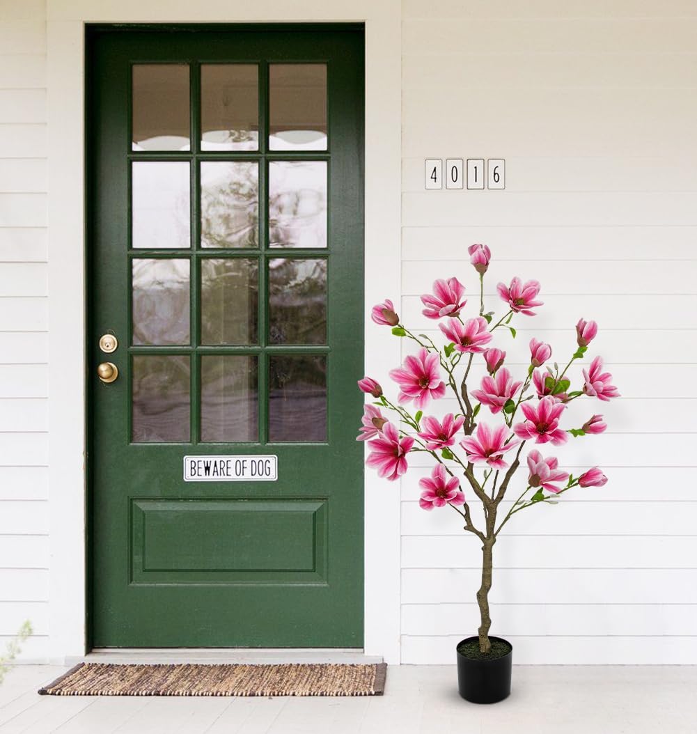 Artificial Magnolia Flower Tree in Black Pot, 2.95FT/35.4IN White Faux Magnolia Silk Floral Tree Fake Potted Tree for Home Living Room Entryway Office Outdoor Porch Decor