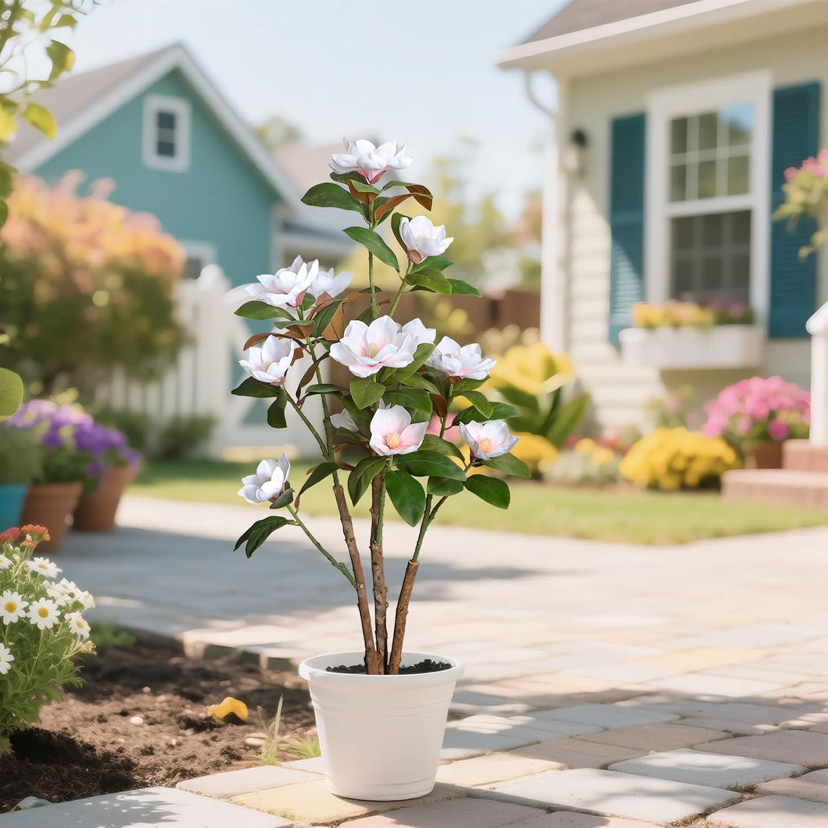 Artificial Magnolia Tree, 4FT Faux Potted Plant, 48 Inch Fake Magnolia Tree with Realistic Flowers Leaves and Adjustable Branches
