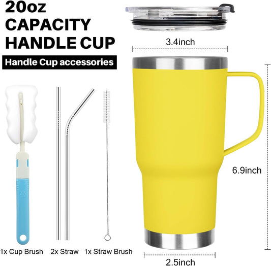 20 oz Tumbler with Handle, Stainless Steel Insulated Tumbler with Lid and Straw, Double Wall Vacuum Coffee Mug Tumbler, Insulated Coffee Thermal Cup for Cold and Hot (Yellow, 20 Ounces)