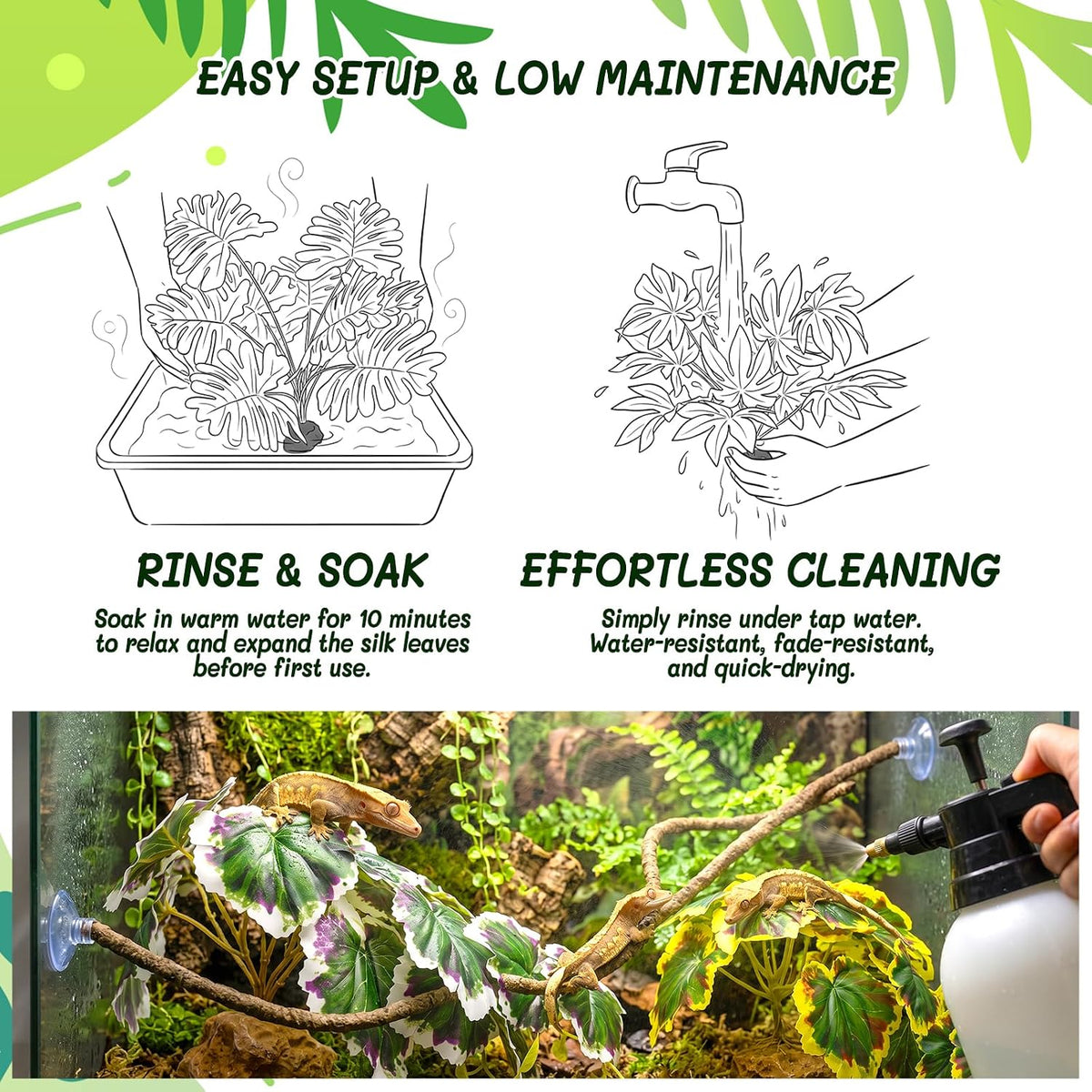 3PC Reptile Terrarium Habitat Decor Kit – Realistic Artificial Reptile Plants with Hanging Vine, Resin Stone Base – Jungle Rainforest Habitat & Climbing for Lizard & Amphibians (Syngonium)