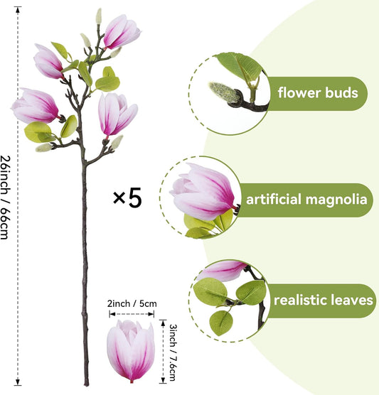 Artificial Magnolia Flowers Stems, 5PCS Hotpink Fake Flowers Buds, 26" Flora Branches Home Decor for Tall Vase Realistic Table Centerpiece Indoor Decoration (No Pot)