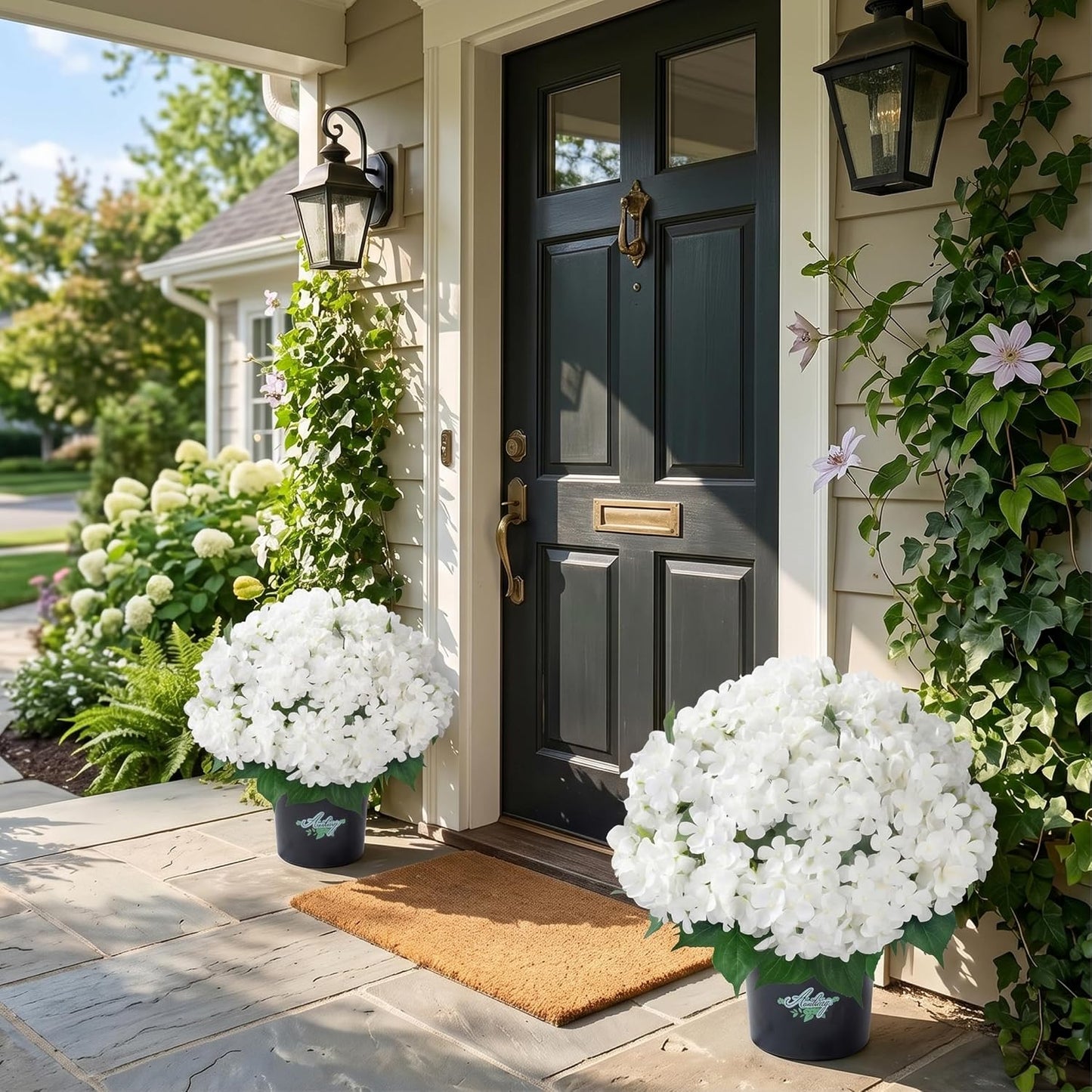 2 Potted Pink Hydrangea Artificial Flowers, Faux Hydrangea Outdoor | 22" High & 22" wide with Pots, No Assembly Needed, Faux Hydrangea Bush for Porch, Garden, Patio, Balcony, Home Decor