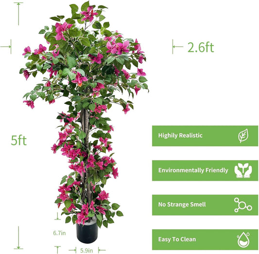 5FT Red Bougainvillea Tree, Potted Plant for Indoor Outdoor Decor | Realistic foliage, stable black pot, 35-inch width, no maintenance. Perfect for porch, front door, home and patio decor.