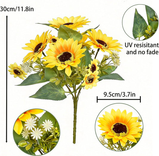 2 Pack 12’’Artificial Sunflower Bouquets – Faux Sunflower Stems with 5 Large Sunflower Heads, 6 Small Daisies & Green Leaves, Fake Flowers for DIY Home Office & Farmhouse Décor