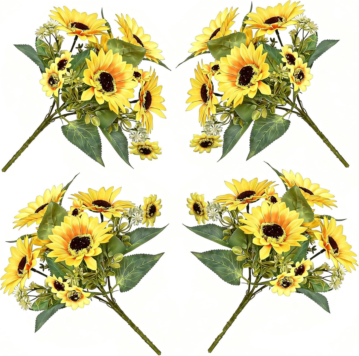 2 Pack 12’’Artificial Sunflower Bouquets – Faux Sunflower Stems with 5 Large Sunflower Heads, 6 Small Daisies & Green Leaves, Fake Flowers for DIY Home Office & Farmhouse Décor