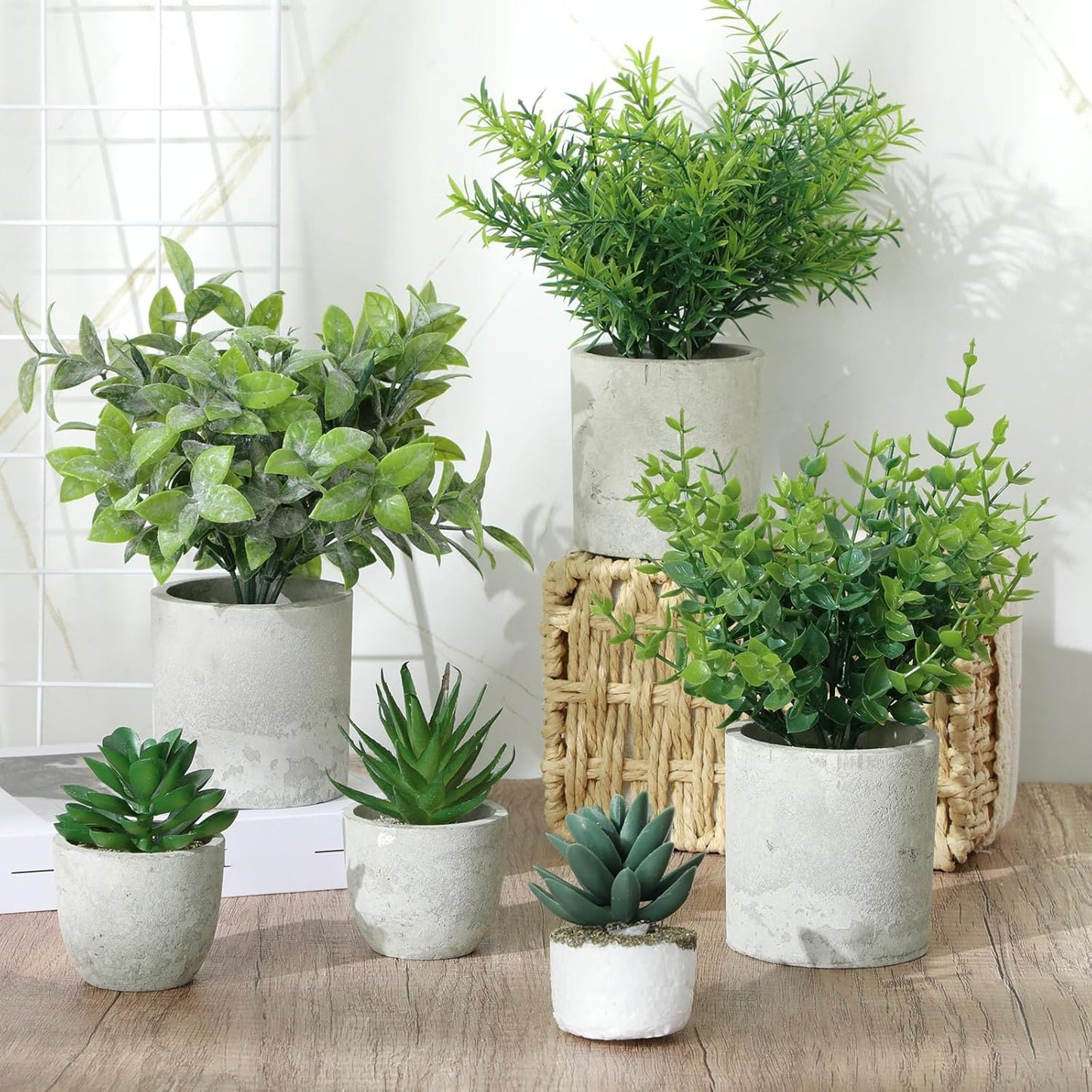 6 Pack Small Artificial Greenery Potted Plants Indoor Mini Fake Eucalyptus Rosemary Succulents in Pulp Rustic Farmhouse Table Centerpiece for Shelf Bathroom Bedroom Kitchen Office
