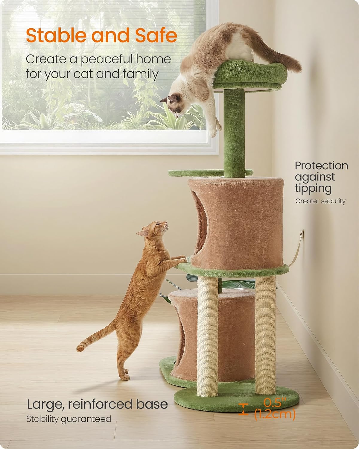 Feandrea Cat Tree, 68.1-Inch Multi-Level Plush Cat Tower, Artificial Leaves