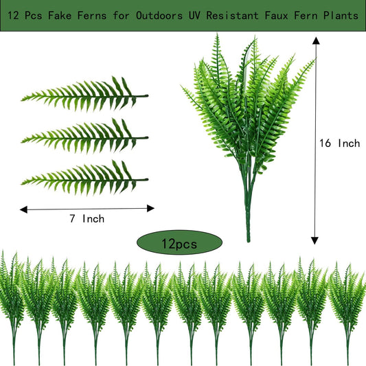 12 Pcs Fake Fern, Artificial Ferns for Outdoors UV Resistant Faux Fern Plants, Realistic Greenery Fern Stmes for Outdoor Planter Large Outdoor Patio Boston Fern Garden Porch Décor