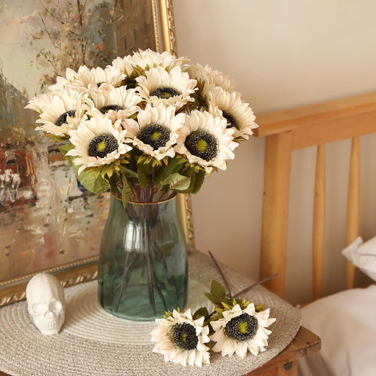 7PCS White Sunflowers Artificial Flowers, Fake Silk Sunflower with Stem Vintage Fall Flower Decorations for Autumn Home Wedding Party Birthday Bulk Single