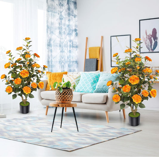 1Pack 4FT Artificial Camellia Trees with 36pcs Flowers in Cement Pots – Lifelike Fake Trees for Front Porch, Home, Indoor Outdoor Spring Decor, Office or Housewarming Gifts (Orange)