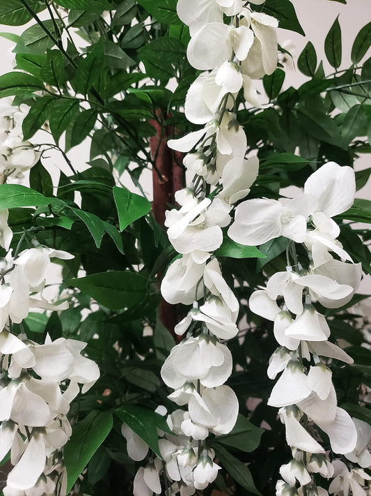 White Pair Gorgeous & Dense 5 Feet Artificial Silk Wisteria Trees with Flowers, with Nursery Pots, Feel Real Technology, 5'