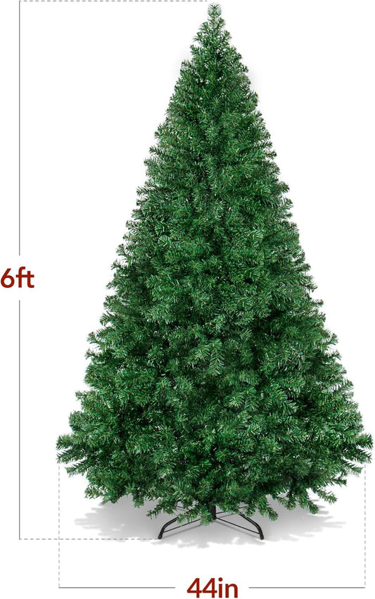 Artificial Christmas Tree, 6ft Premium Unlit Hinged Design, Dense Branches Realistic Holiday Décor w/Easy Assembly, Base