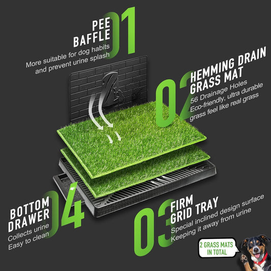 Dog Potty with Tray Large 30''x20'', 2 Artificial Grass Patch for Indoor and Outdoor Use, Puppy Turf Grass Pad Reusable Training Pads with Pee Baffle, Ideal for Dogs
