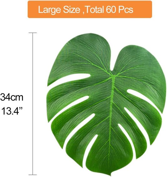 60 Pcs Large 13" Tropical Leaves Artificial Green Monstera Leaves Palm Leaf for Luau Party Hawaiian Aloha Tiki Theme Safari Jungle BBQ Birthday Party Decoration Supplies