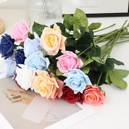 Artificial Flower Roses, 12PCS Real Touch Fake Flowers with Stems, 15" Flannel Roses for Christmas Home Wedding Bathroom Kitchen Decorations(Mix Color)