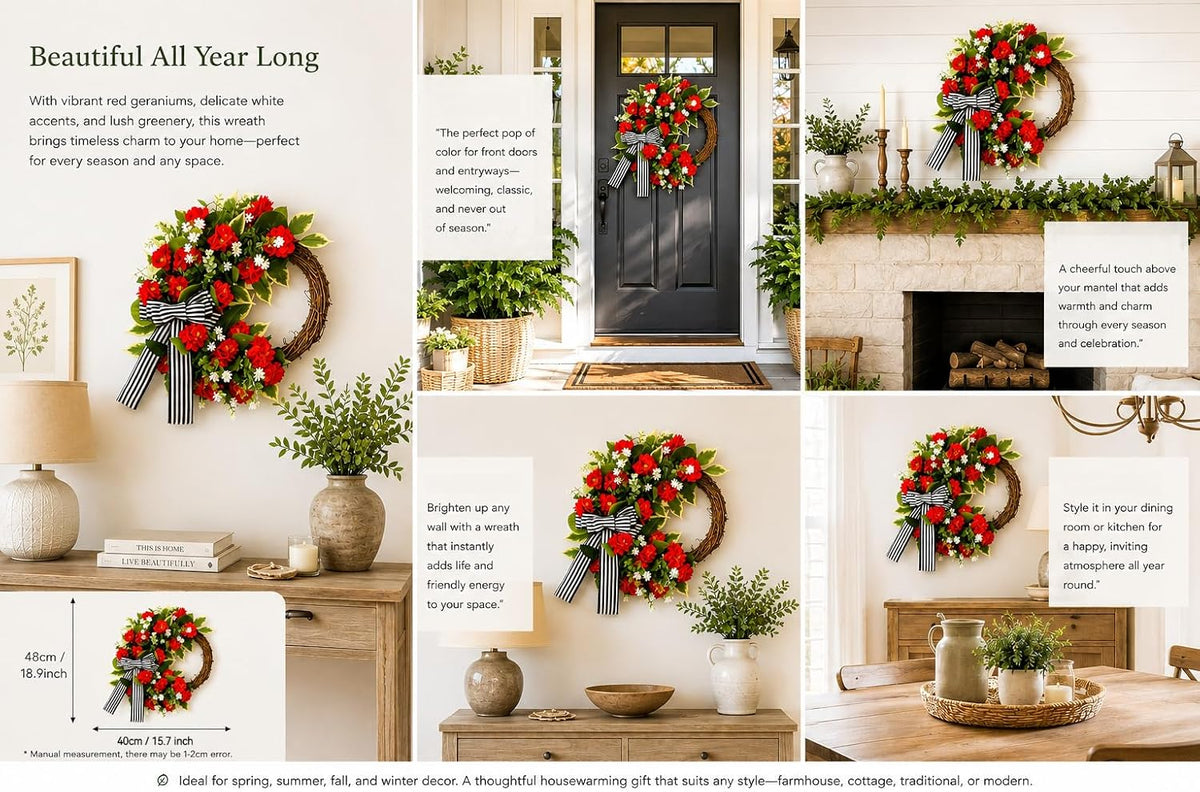 Red Geranium Wreath with Baby's Breath - Farmhouse Front Door Wreath, All Seasons Greenery Wreath for Porch, Window, Wall, Indoor/Outdoor Rustic Home Decor