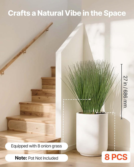 Artificial Grass Plant, 27 inch Faux Onion Grass Fake Greenery Shrubs Plant, Premium PVC for Indoor Outdoor House Home Garden Office Room Décor, Housewarming, 8 Pack Green