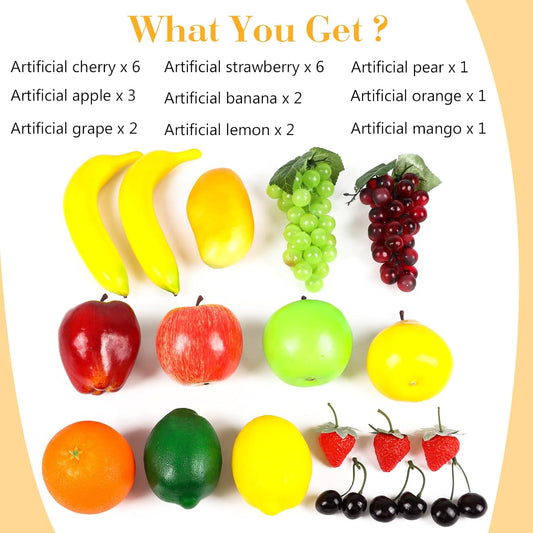 24Pcs Fake Fruit Pack, Artificial Fruit for Home Decor Realistic Fake Mixture Fruits Set Table Centrepieces Party Chirstmas Decoration Home Kitchen Lifelike Faux Fruits Modle Apple Bananas
