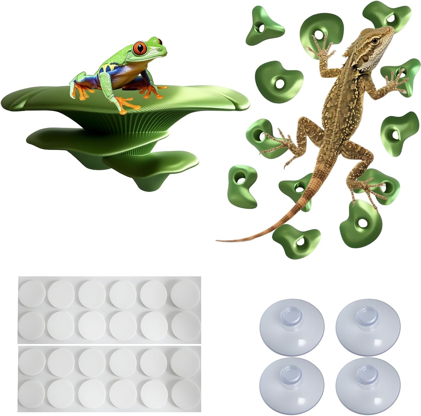 Mushroom Terrarium Decor & Climbing Hold Kit,with 12 Rock Holds, Suction Cups & Adhesive Dots for Geckos, Frogs, Small Lizards & Snakes in Dry/Semi-Moist Habitats (Desert Beige)