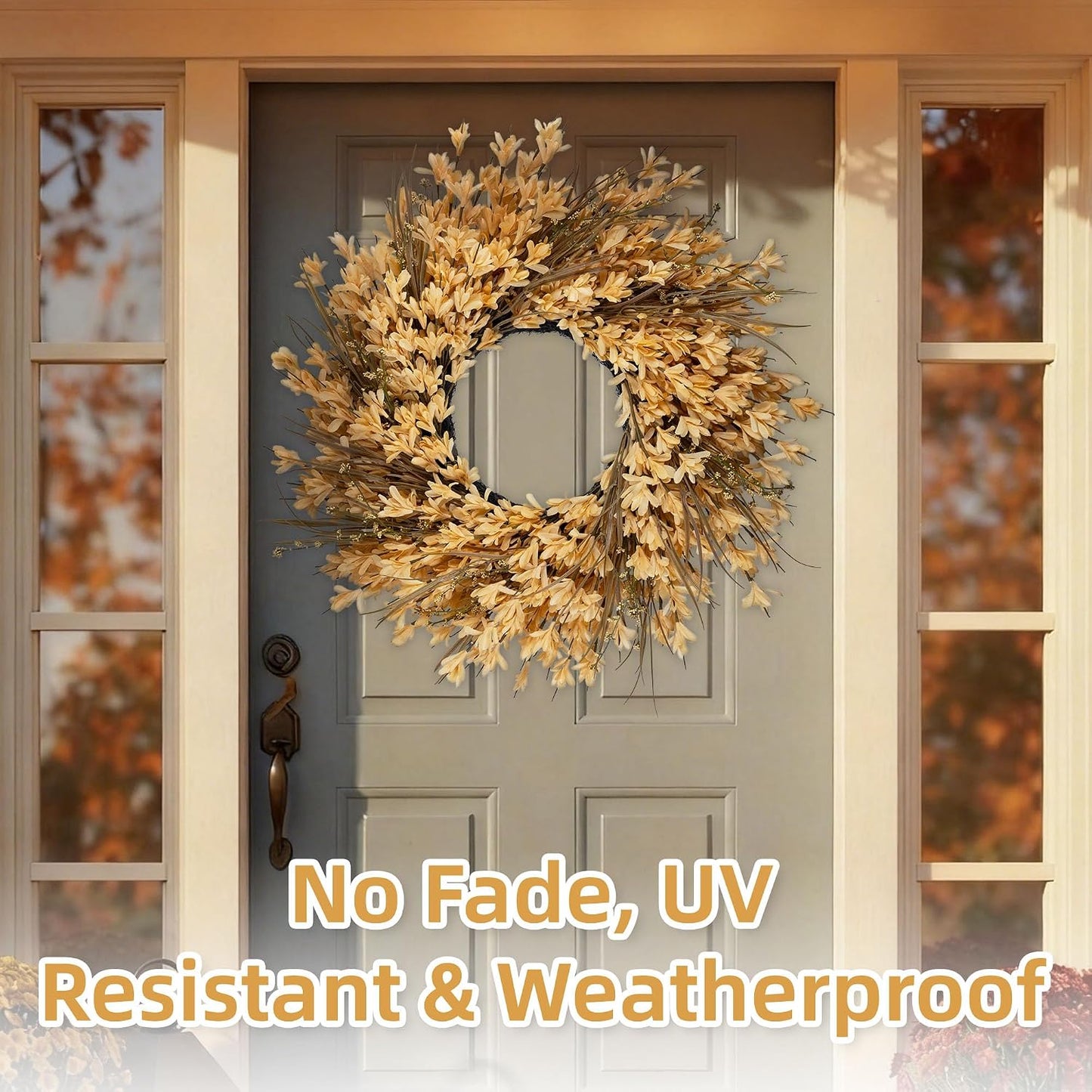 26"-28" Large Fall Autumn Door Wreath with Yellow Forsythia Floral & Berry | Full Realistic Flower with Berries, Warm Fall Tone for Porch, Wall, Window, UV-resistant, Weatherproof, Rustic, Easy Fluff
