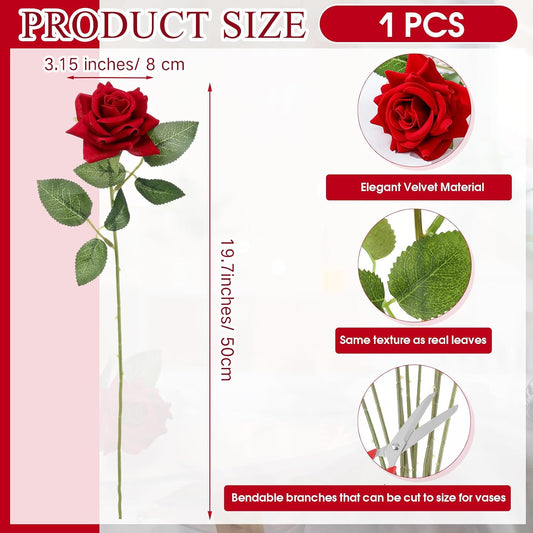 Velvet Artificial Flowers Rose, Single Rose Real to Touch Fake Silk 3.15” Flower Head with Long Stem for Women Wedding Mother Valentine Gift Home Decor Anniversary(Red)