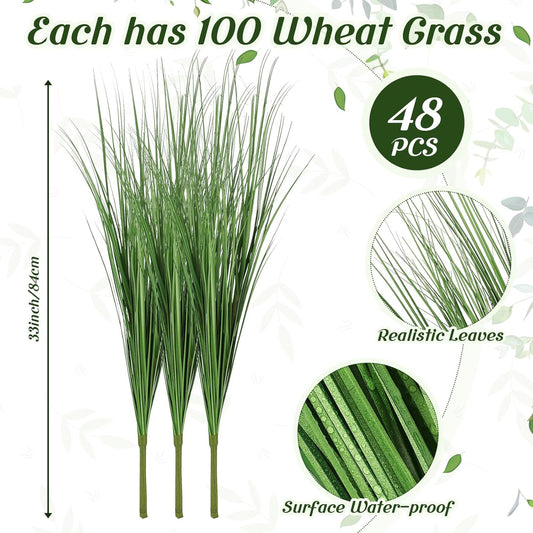 12 Pcs 33 Inch Faux Grasses for Outdoor Planters, UV Resistant Fake Tall Grass, Artificial Grass Plants for Outdoor Decor, Artificial Greenery Stems Weed for Room Home Summer Vase Decor (Green)